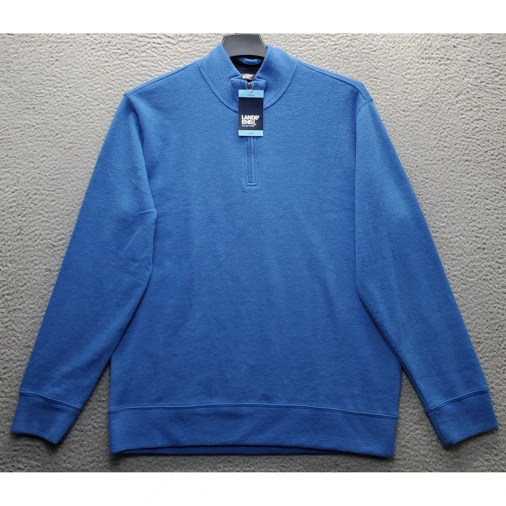 Lands' End Sweater Mens Large Blue Knit Ribbed Hem & Cuff Quarter Zip Pullover